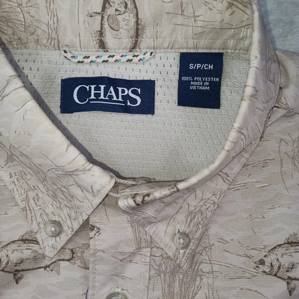 NWT Chaps Fishing Shirt | Men's Small | Tan Fish Print | UPF 50+ Quick Dry